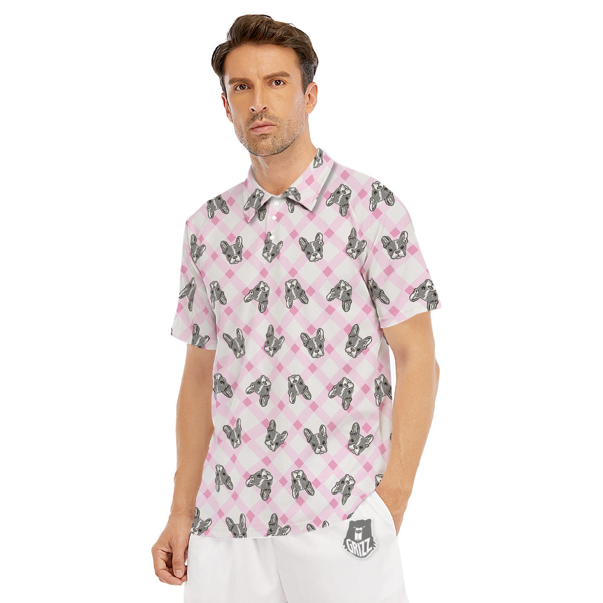 Boston Terrier Pink Plaid Print Pattern Men's Golf Shirts-grizzshop