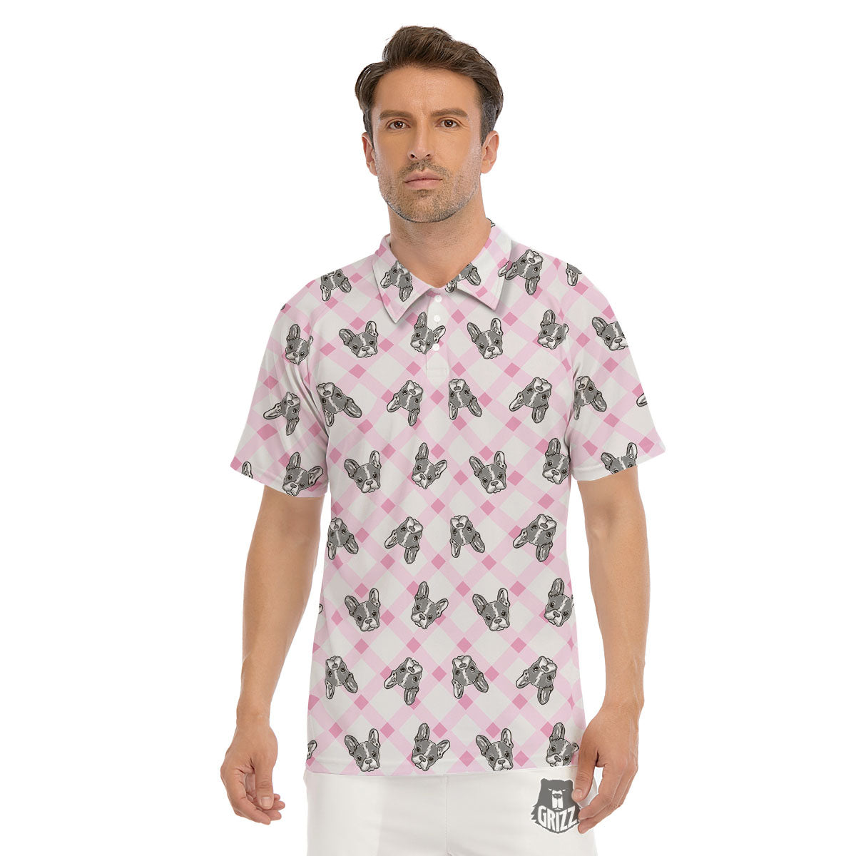 Boston Terrier Pink Plaid Print Pattern Men's Golf Shirts-grizzshop