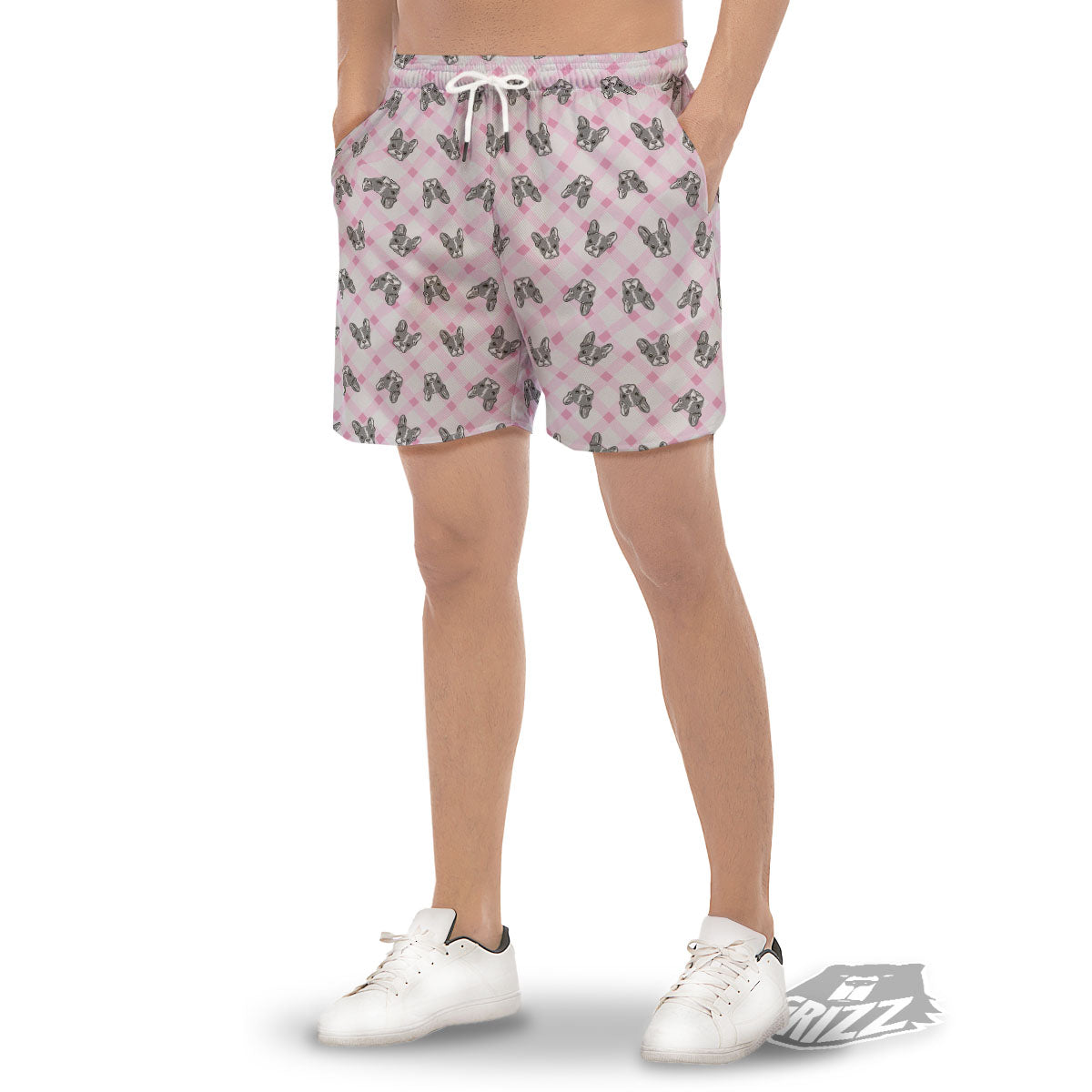 Boston Terrier Pink Plaid Print Pattern Men's Gym Shorts-grizzshop