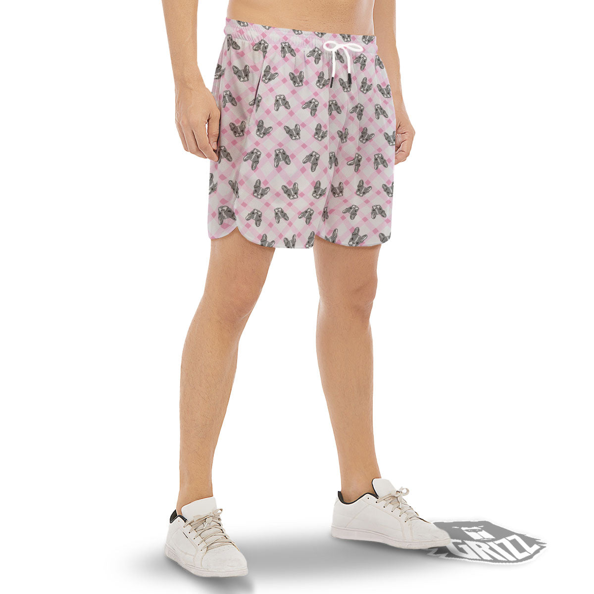 Boston Terrier Pink Plaid Print Pattern Men's Gym Shorts-grizzshop