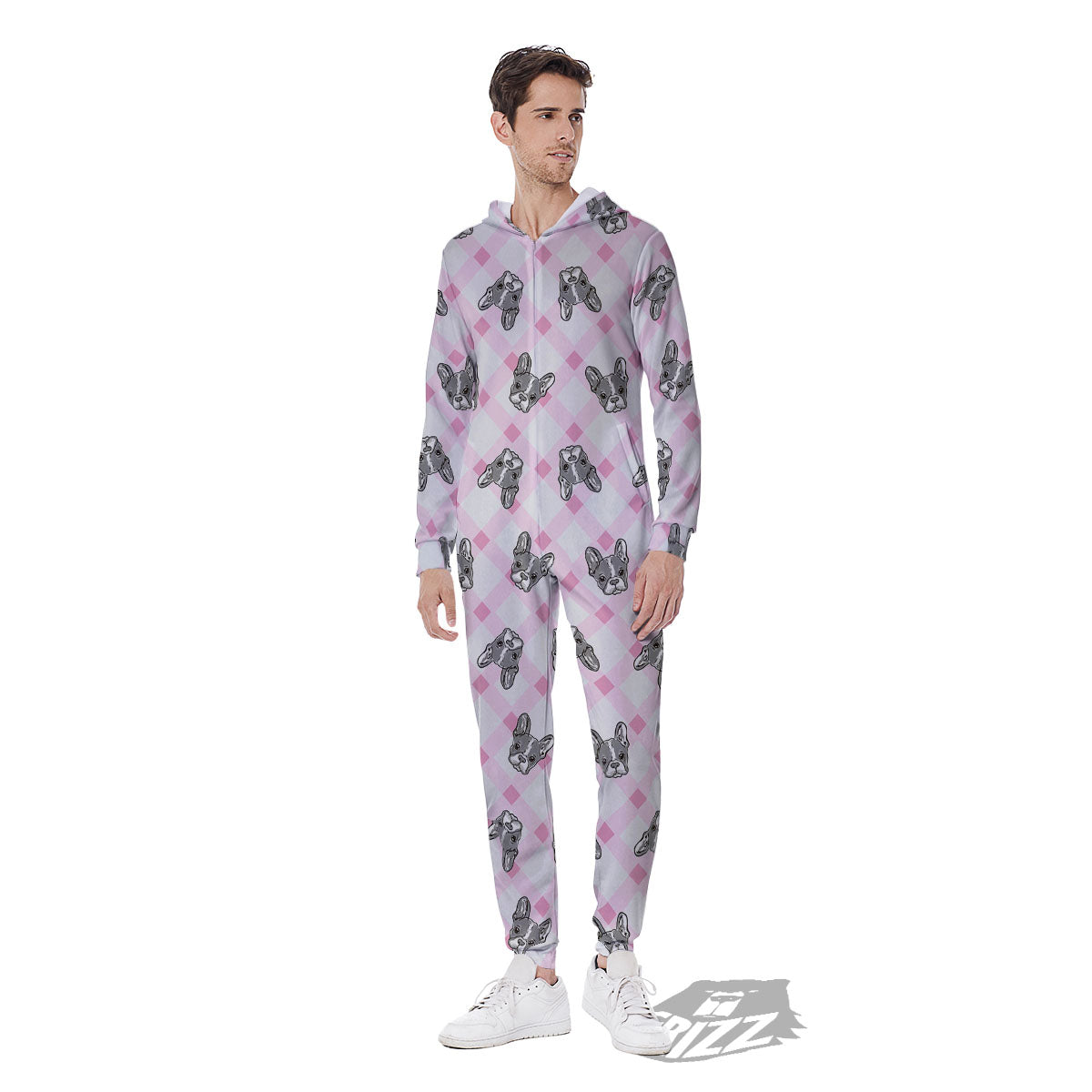 Boston Terrier Pink Plaid Print Pattern Men's Jumpsuit-grizzshop