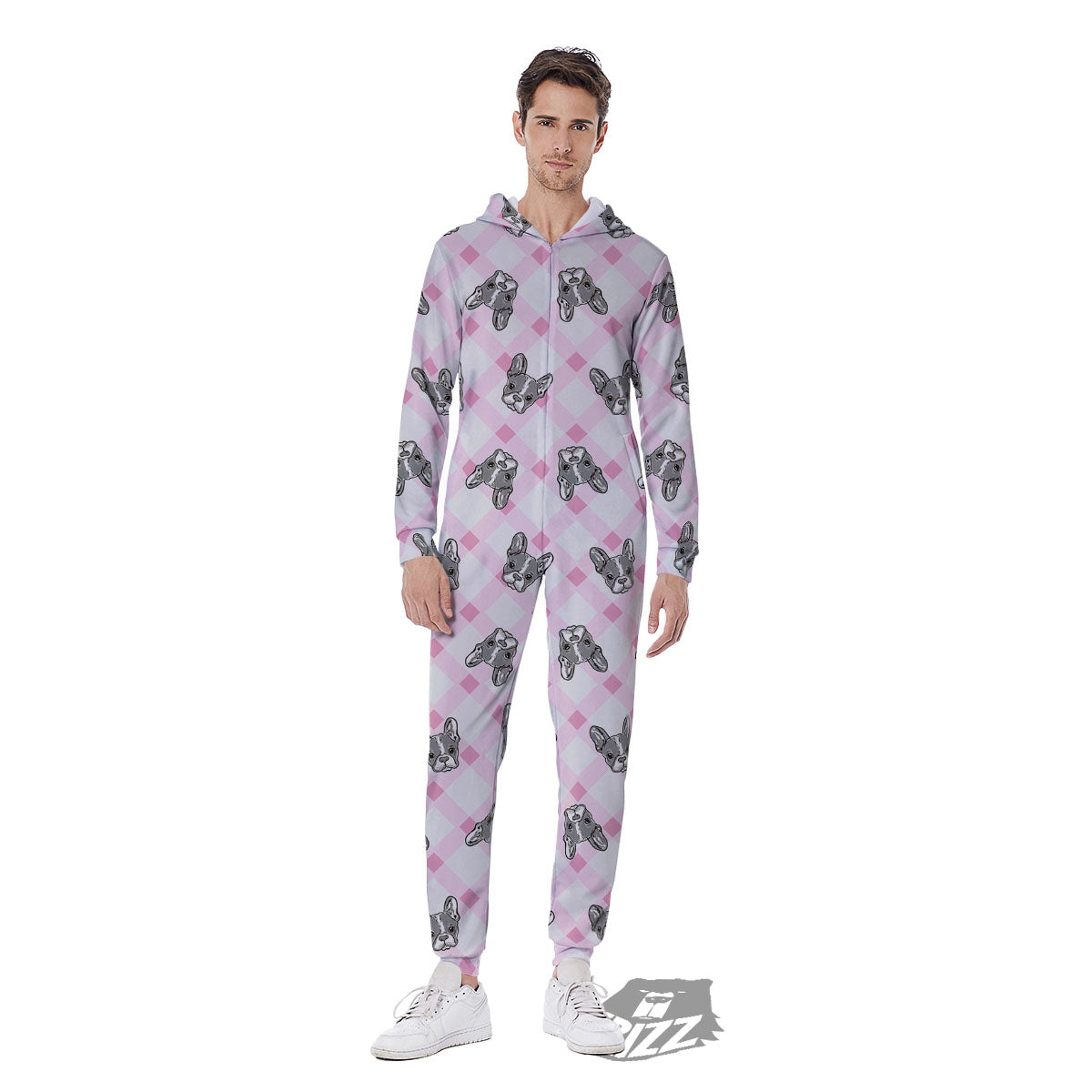 Boston Terrier Pink Plaid Print Pattern Men's Jumpsuit-grizzshop