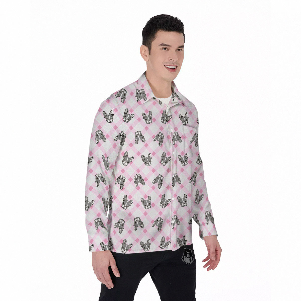 Boston Terrier Pink Plaid Print Pattern Men's Long Sleeve Shirts-grizzshop