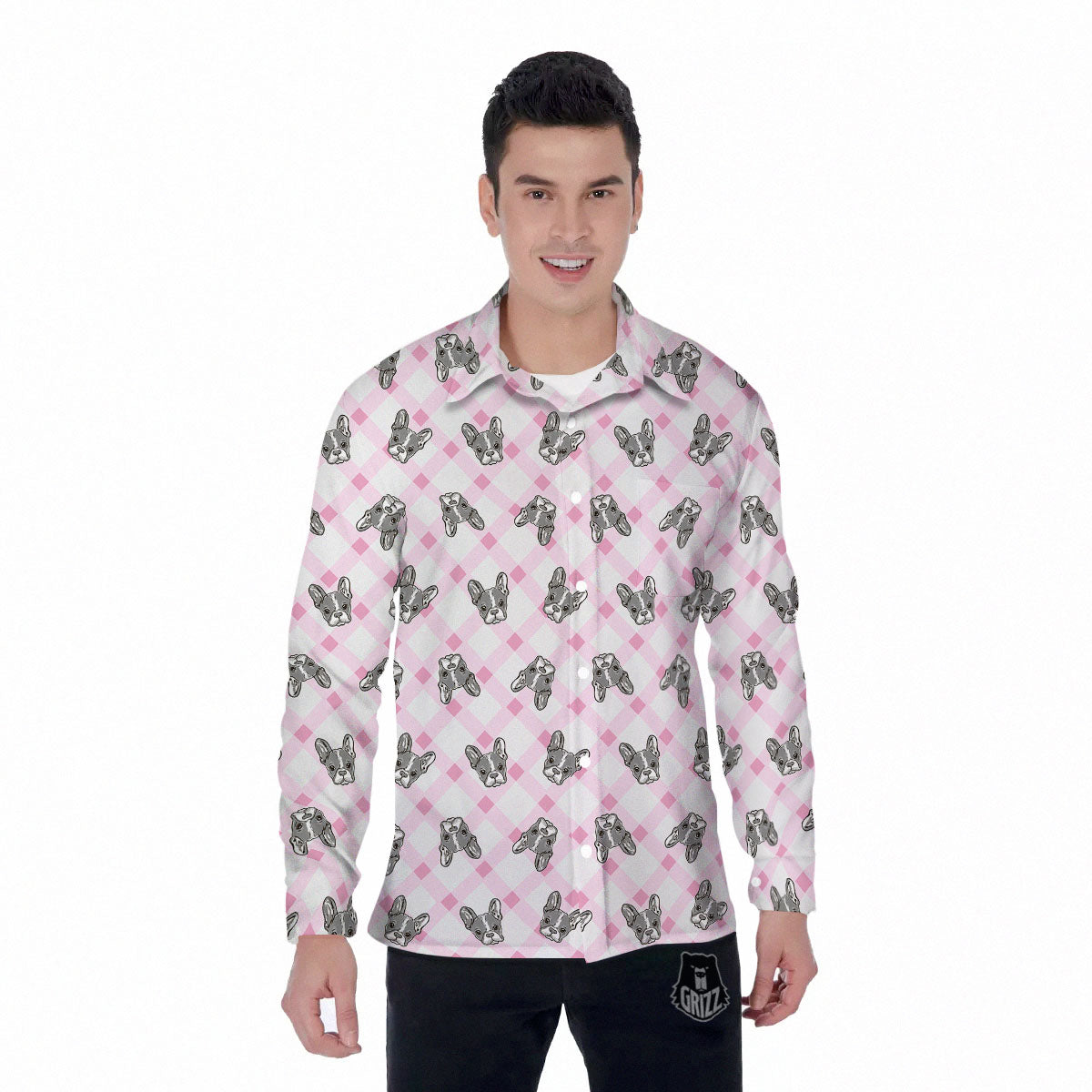 Boston Terrier Pink Plaid Print Pattern Men's Long Sleeve Shirts-grizzshop