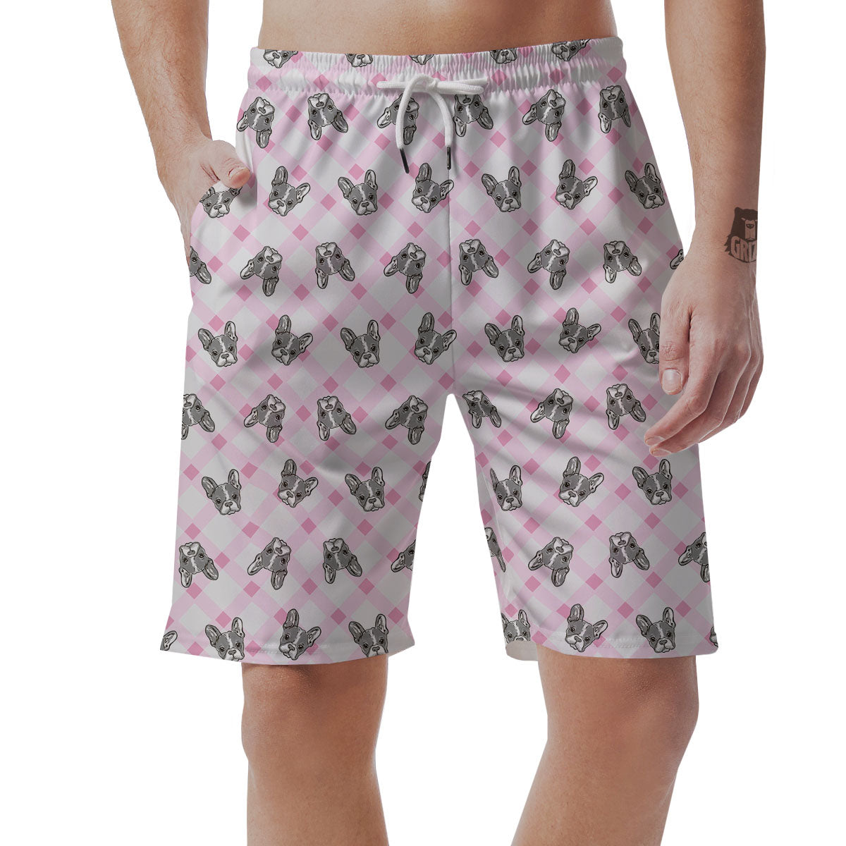 Boston Terrier Pink Plaid Print Pattern Men's Shorts-grizzshop