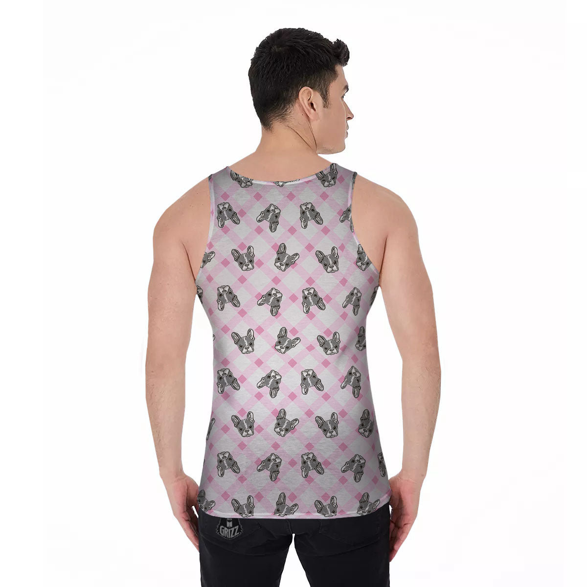 Boston Terrier Pink Plaid Print Pattern Men's Tank Top-grizzshop