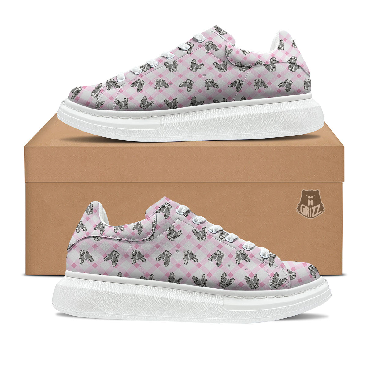 Boston Terrier Pink Plaid Print Pattern Platform Shoes-grizzshop