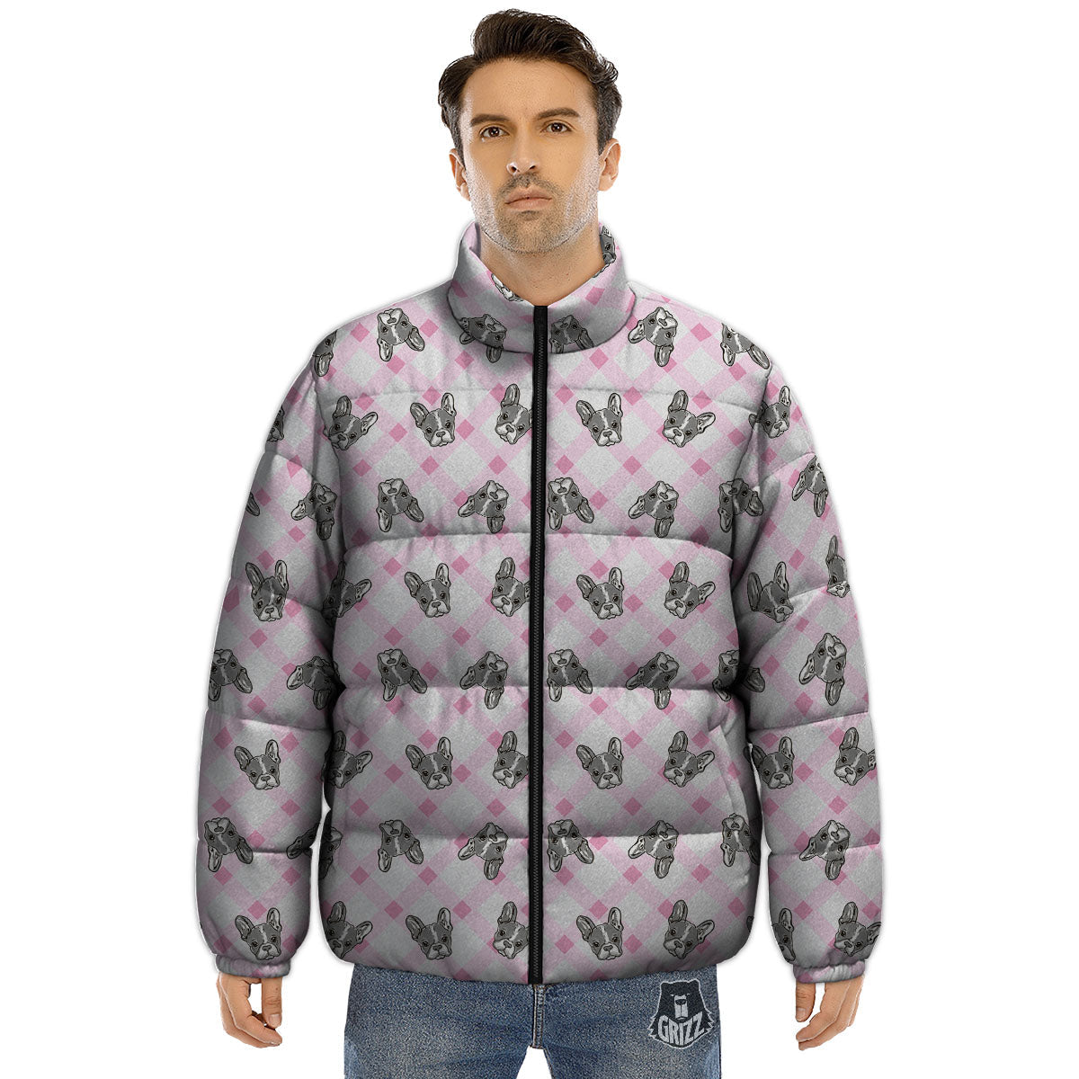 Boston Terrier Pink Plaid Print Pattern Puffer Jacket-grizzshop