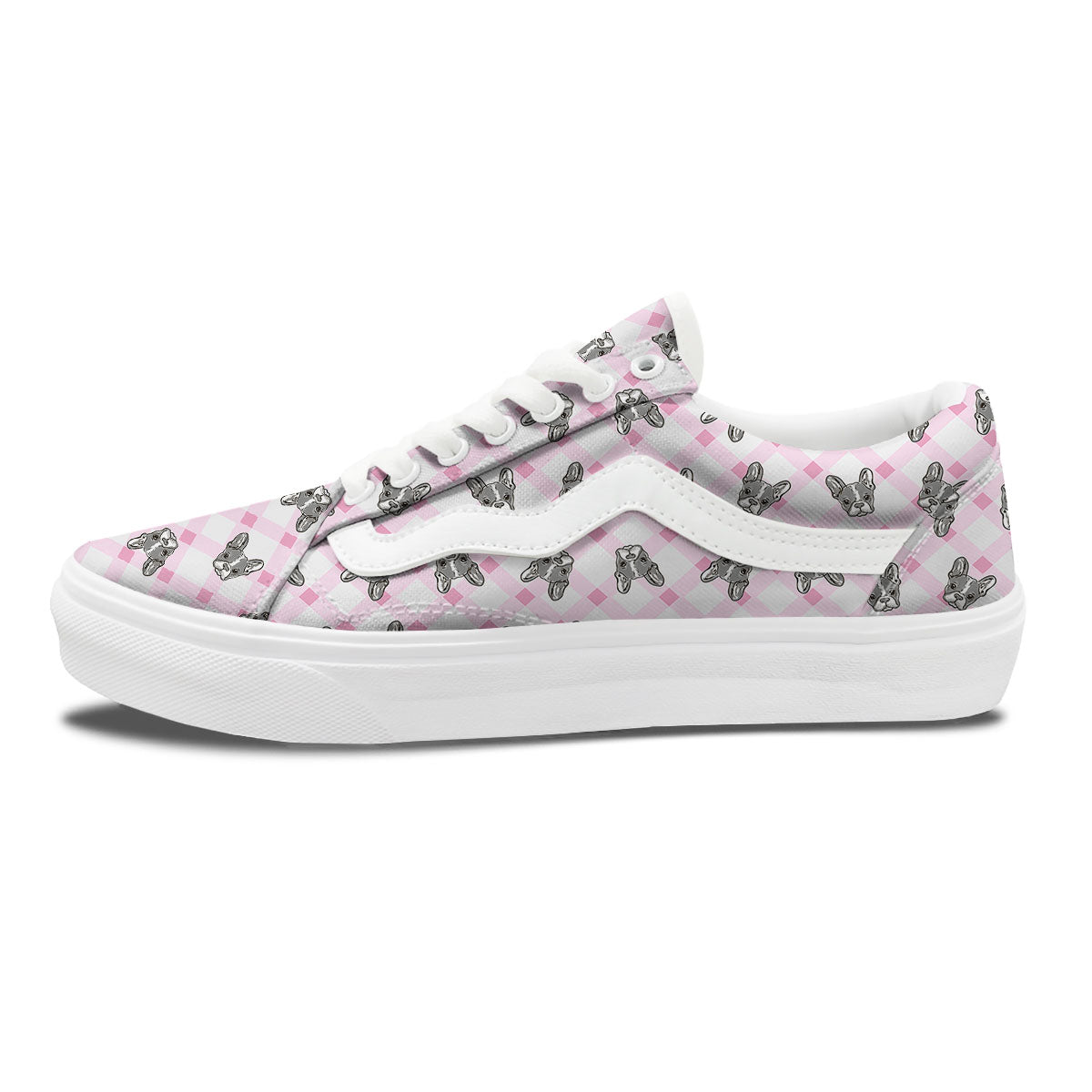 Boston Terrier Pink Plaid Print Pattern Skate Shoes-grizzshop