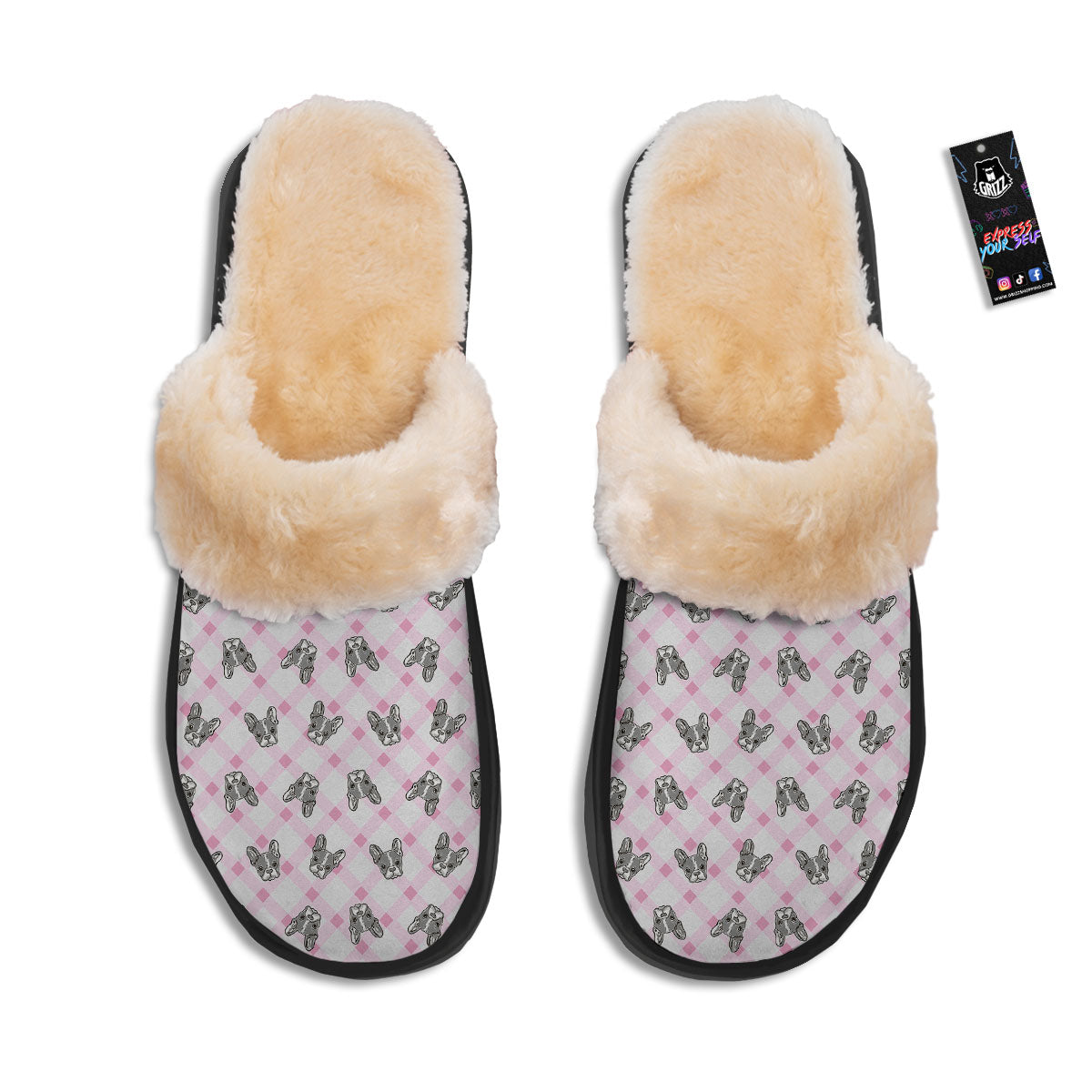 Boston Terrier Pink Plaid Print Pattern Slippers-grizzshop