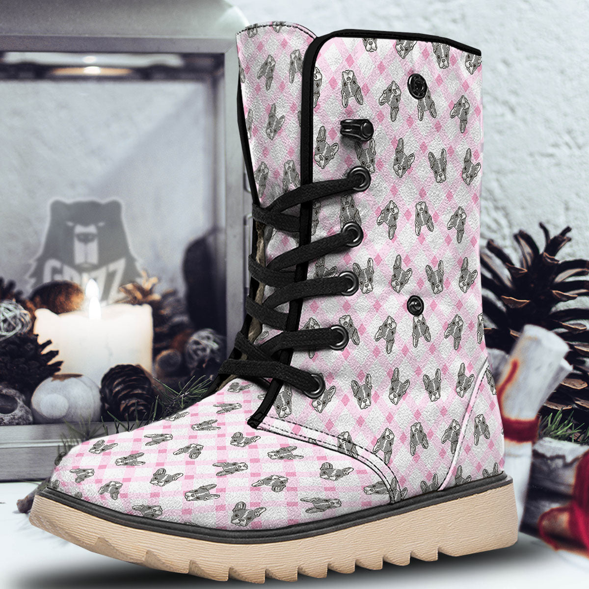 Boston Terrier Pink Plaid Print Pattern Snow Boots-grizzshop