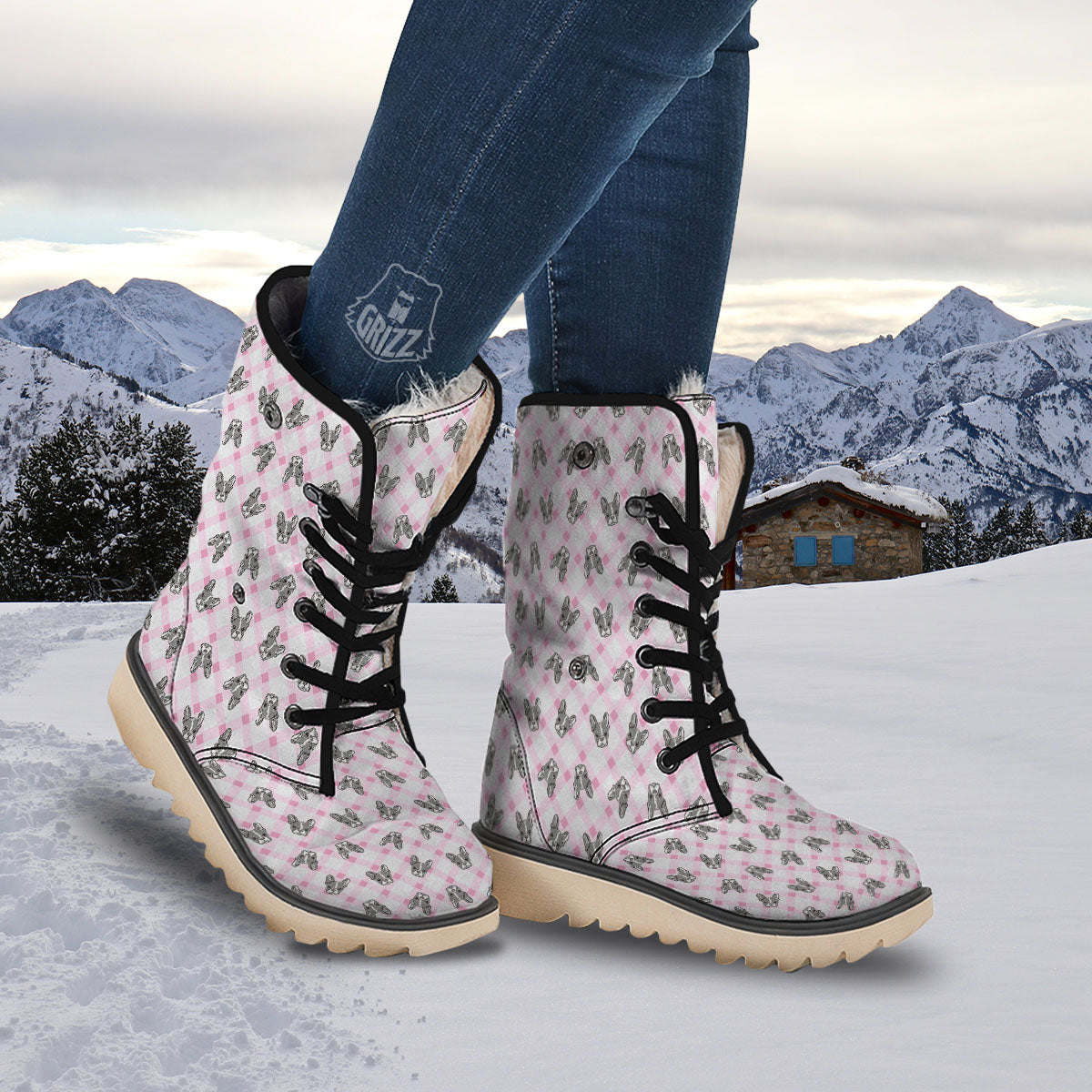 Boston Terrier Pink Plaid Print Pattern Snow Boots-grizzshop