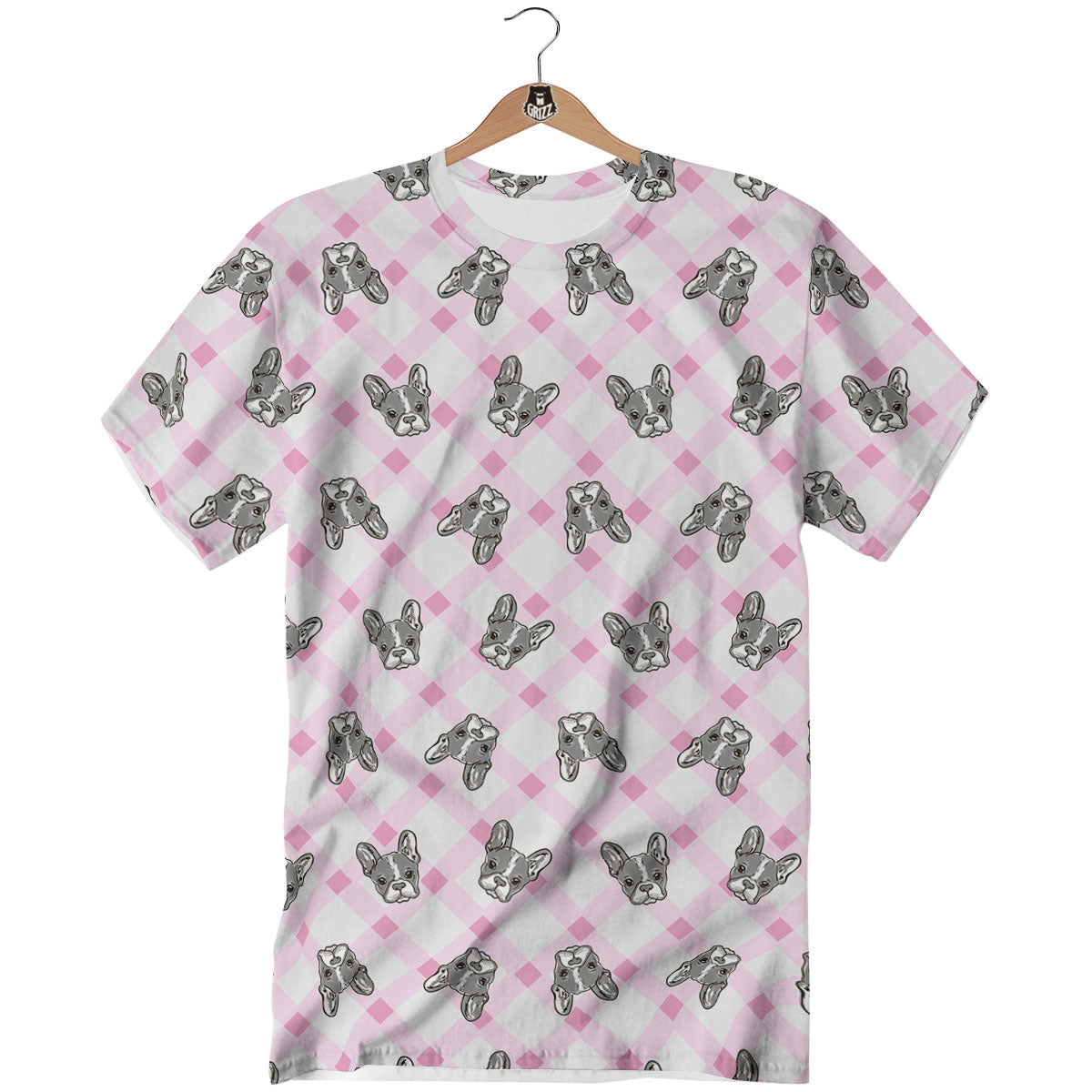 Boston Terrier Pink Plaid Print Pattern T-Shirt-grizzshop