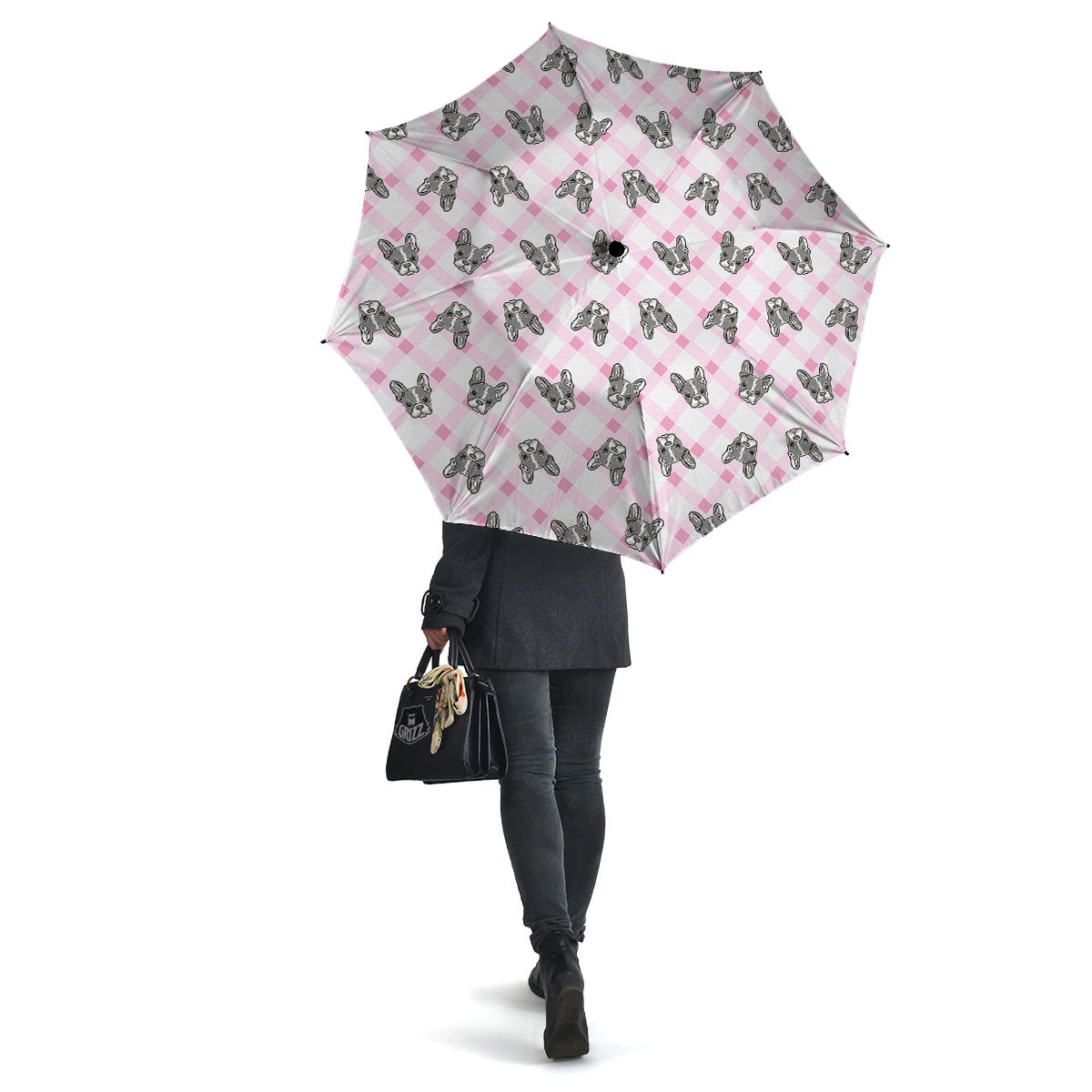 Boston Terrier Pink Plaid Print Pattern Umbrella-grizzshop