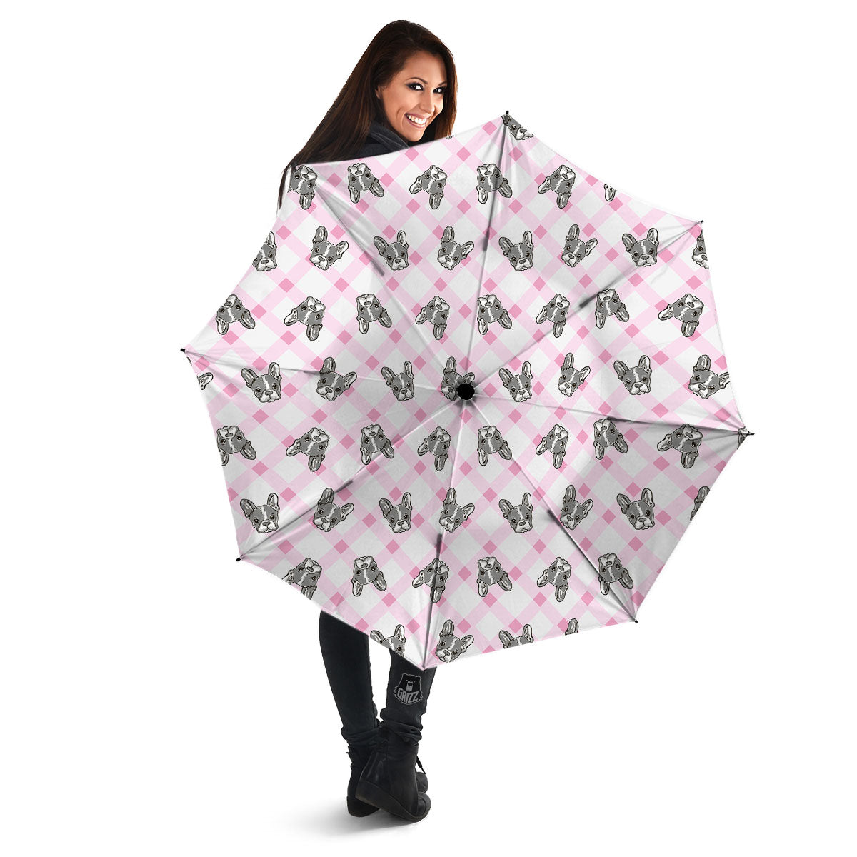 Boston Terrier Pink Plaid Print Pattern Umbrella-grizzshop