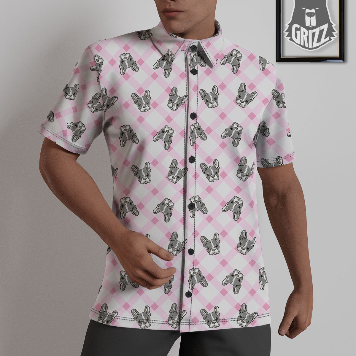 Boston Terrier Pink Plaid Print Pattern Untucked Shirts-grizzshop