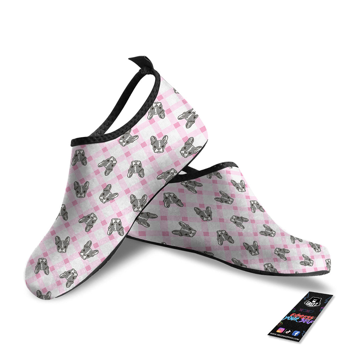Boston Terrier Pink Plaid Print Pattern Water Shoes-grizzshop
