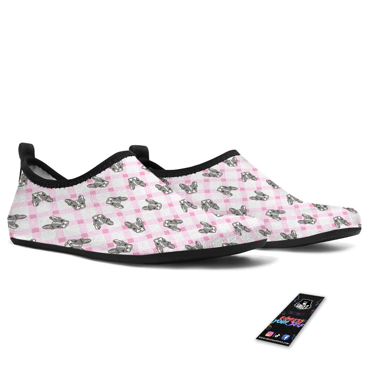 Boston Terrier Pink Plaid Print Pattern Water Shoes-grizzshop