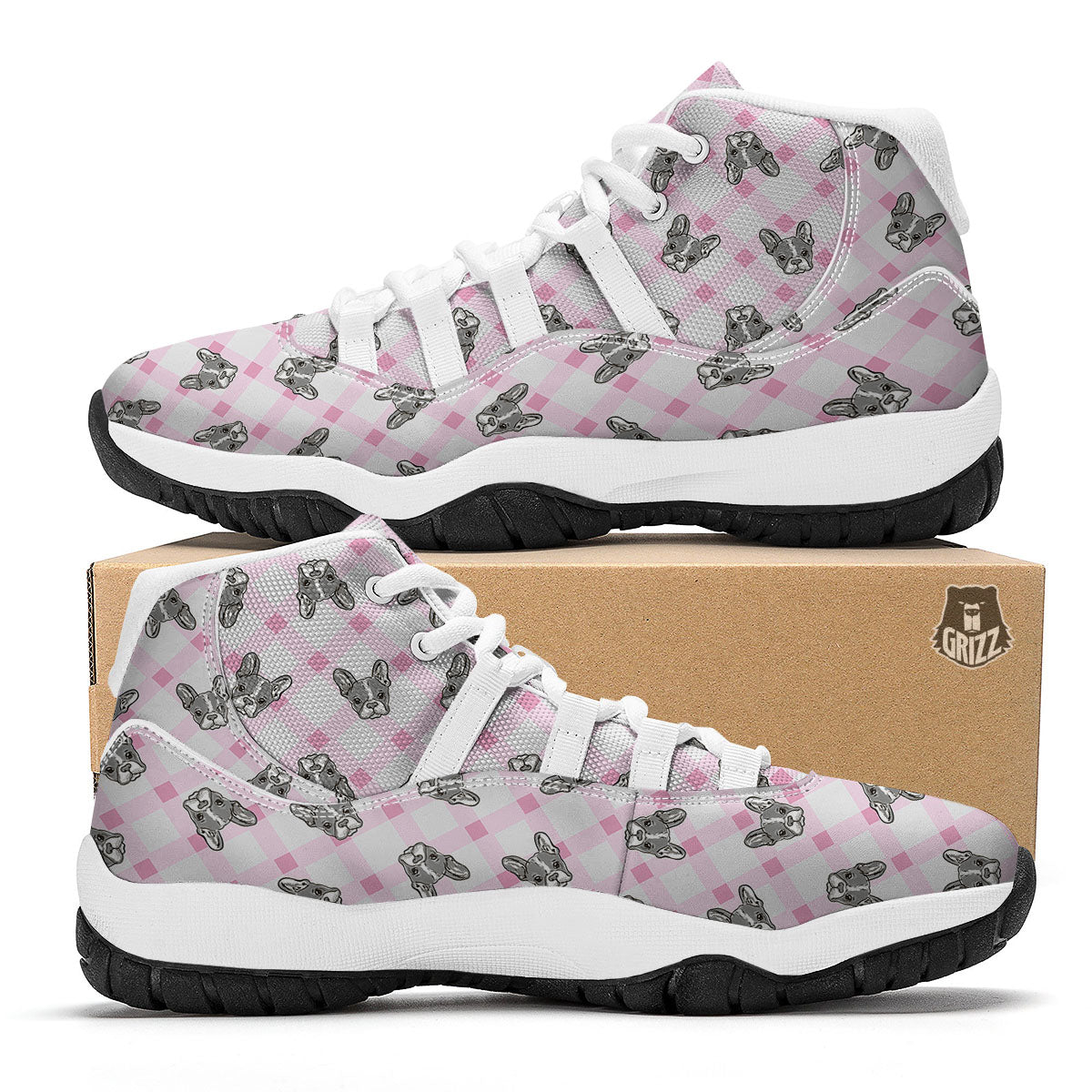 Boston Terrier Pink Plaid Print Pattern White Bball Shoes-grizzshop