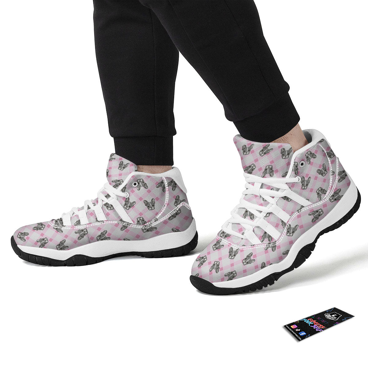 Boston Terrier Pink Plaid Print Pattern White Bball Shoes-grizzshop