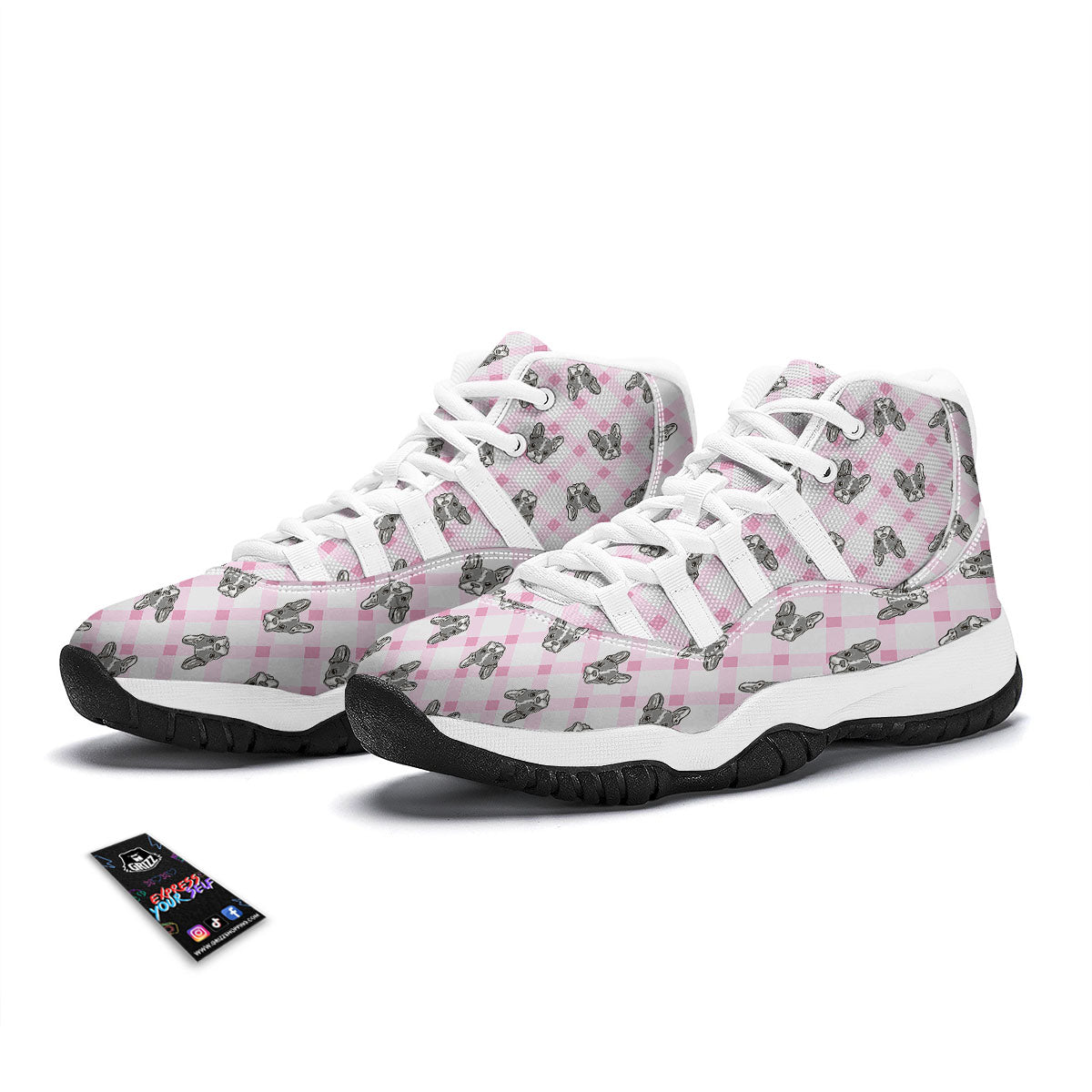 Boston Terrier Pink Plaid Print Pattern White Bball Shoes-grizzshop