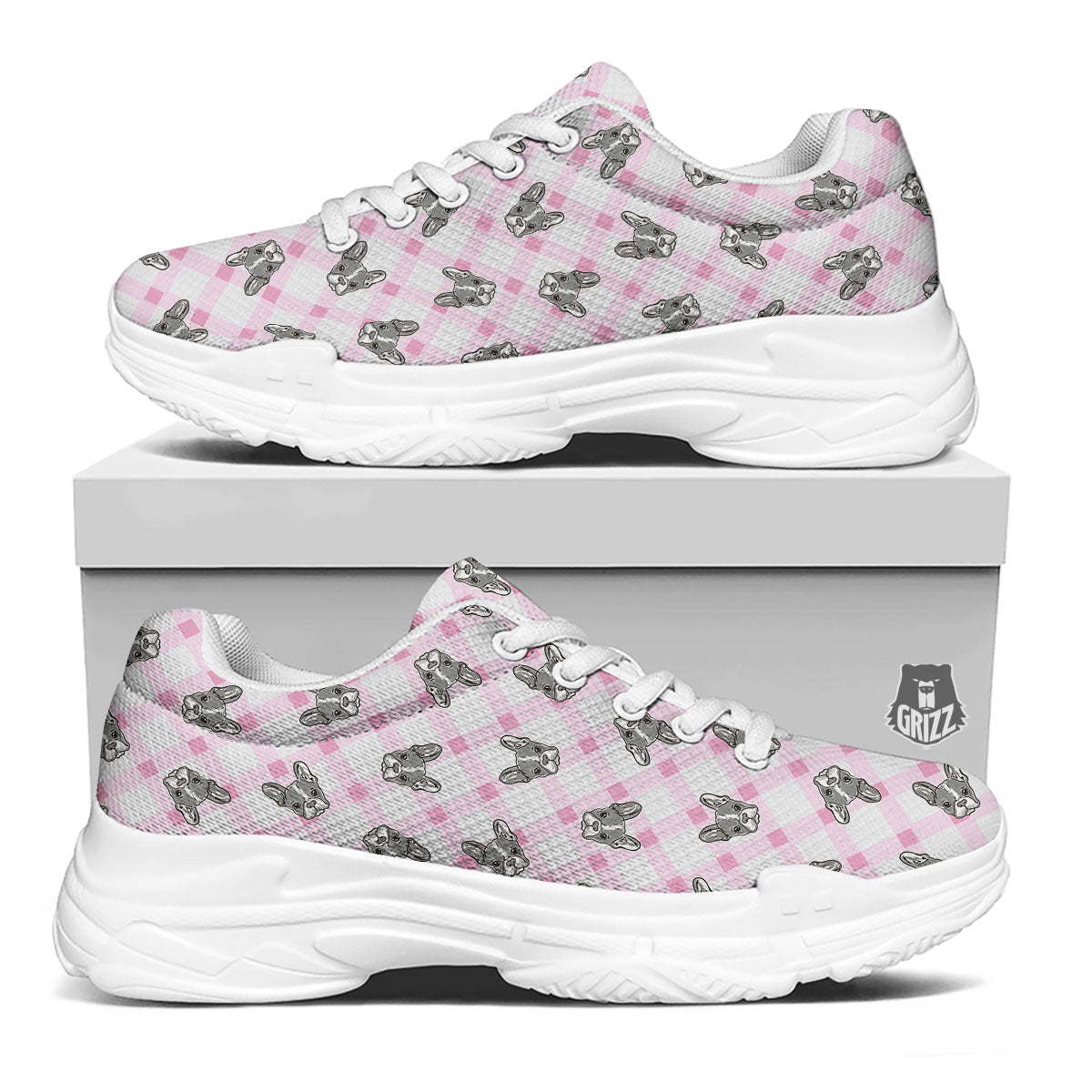 Boston Terrier Pink Plaid Print Pattern White Chunky Shoes-grizzshop