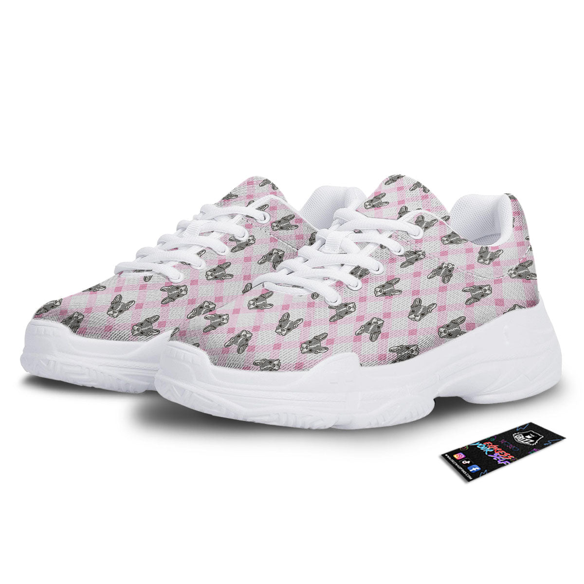 Boston Terrier Pink Plaid Print Pattern White Chunky Shoes-grizzshop