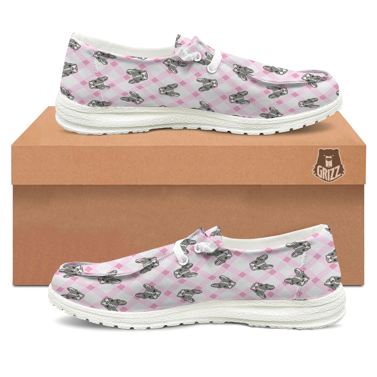 Boston Terrier Pink Plaid Print Pattern White Loafers-grizzshop