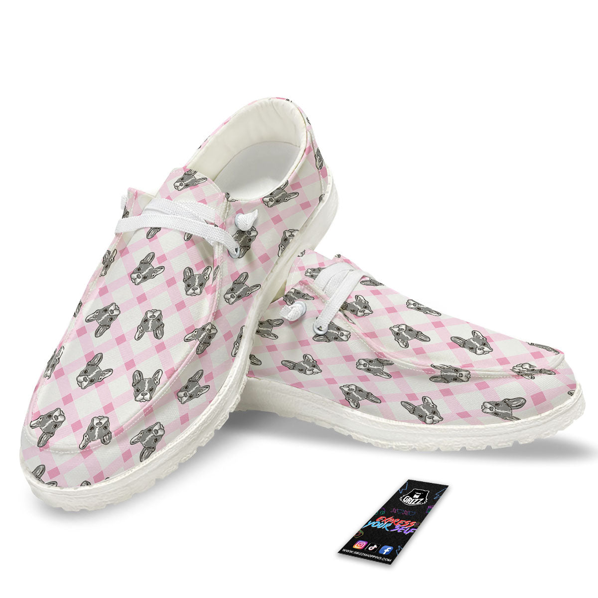 Boston Terrier Pink Plaid Print Pattern White Loafers-grizzshop