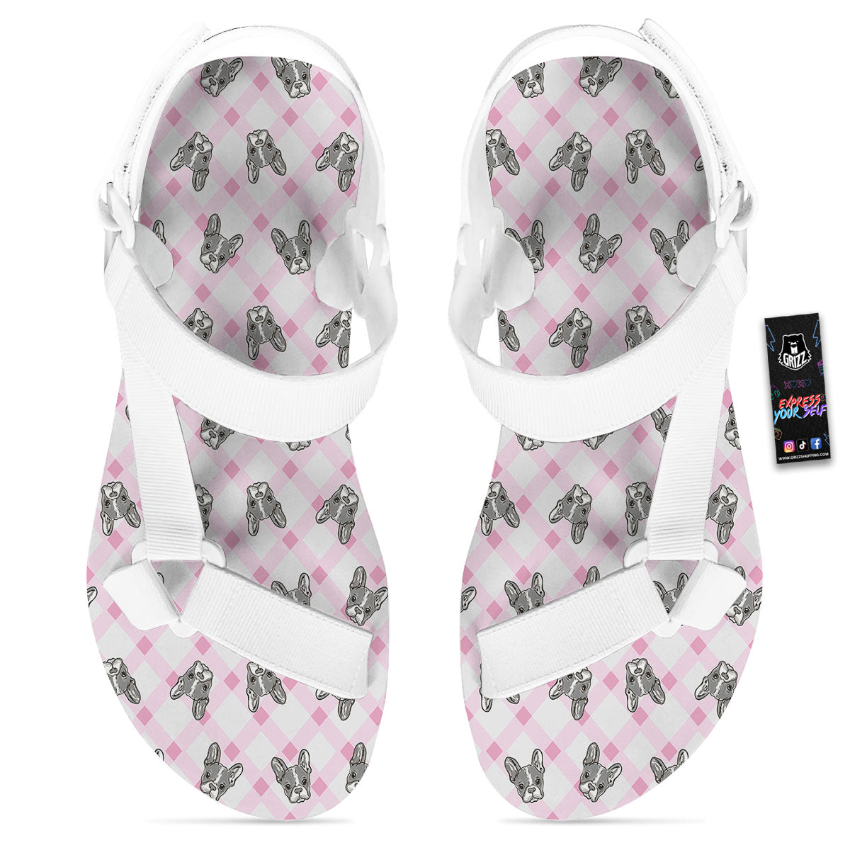 Boston Terrier Pink Plaid Print Pattern White Open Toe Sandals-grizzshop