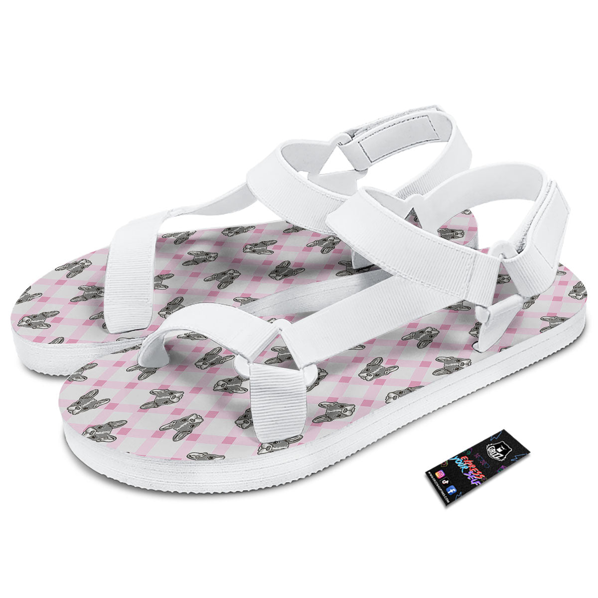 Boston Terrier Pink Plaid Print Pattern White Open Toe Sandals-grizzshop
