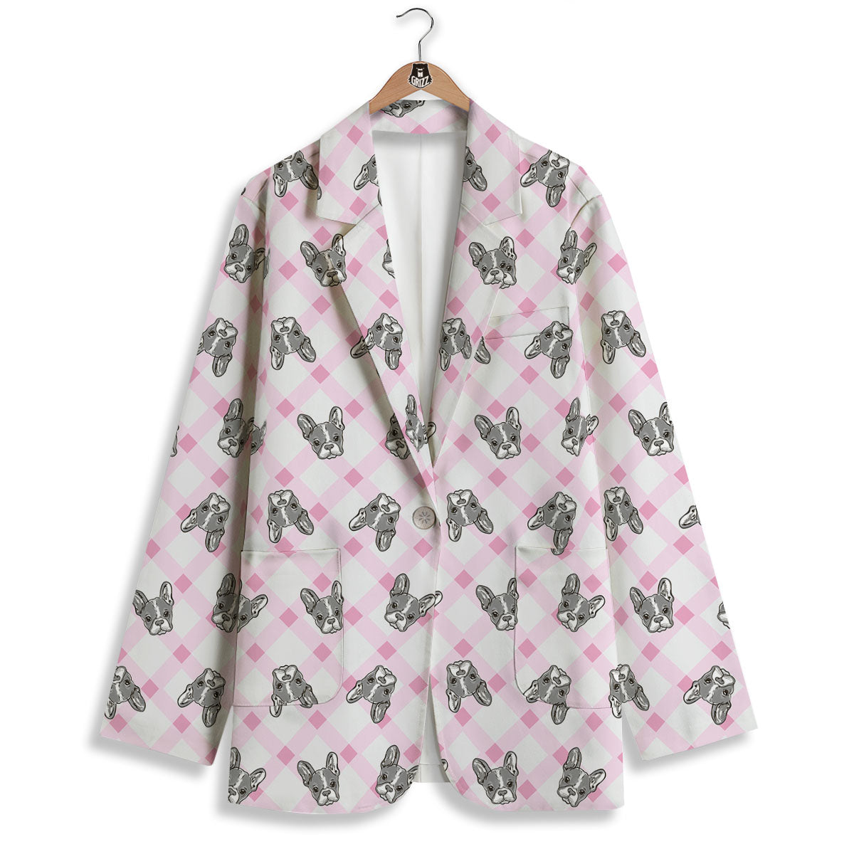 Boston Terrier Pink Plaid Print Pattern Women's Blazer-grizzshop