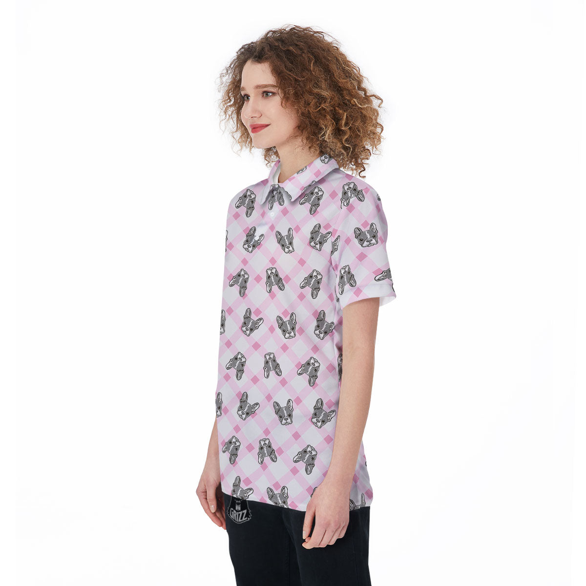 Boston Terrier Pink Plaid Print Pattern Women's Golf Shirts-grizzshop
