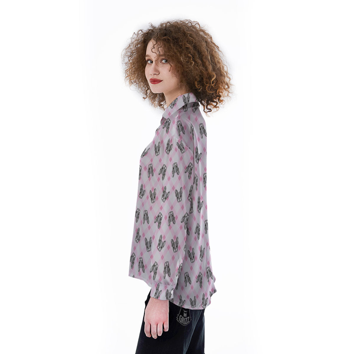 Boston Terrier Pink Plaid Print Pattern Women's Long Sleeve Shirts-grizzshop
