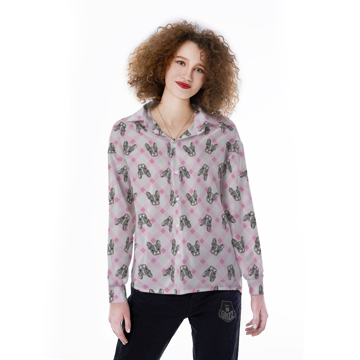 Boston Terrier Pink Plaid Print Pattern Women's Long Sleeve Shirts-grizzshop