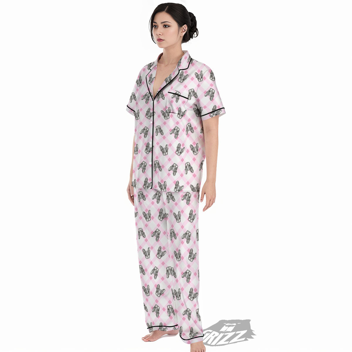 Boston Terrier Pink Plaid Print Pattern Women's Pajamas Set-grizzshop