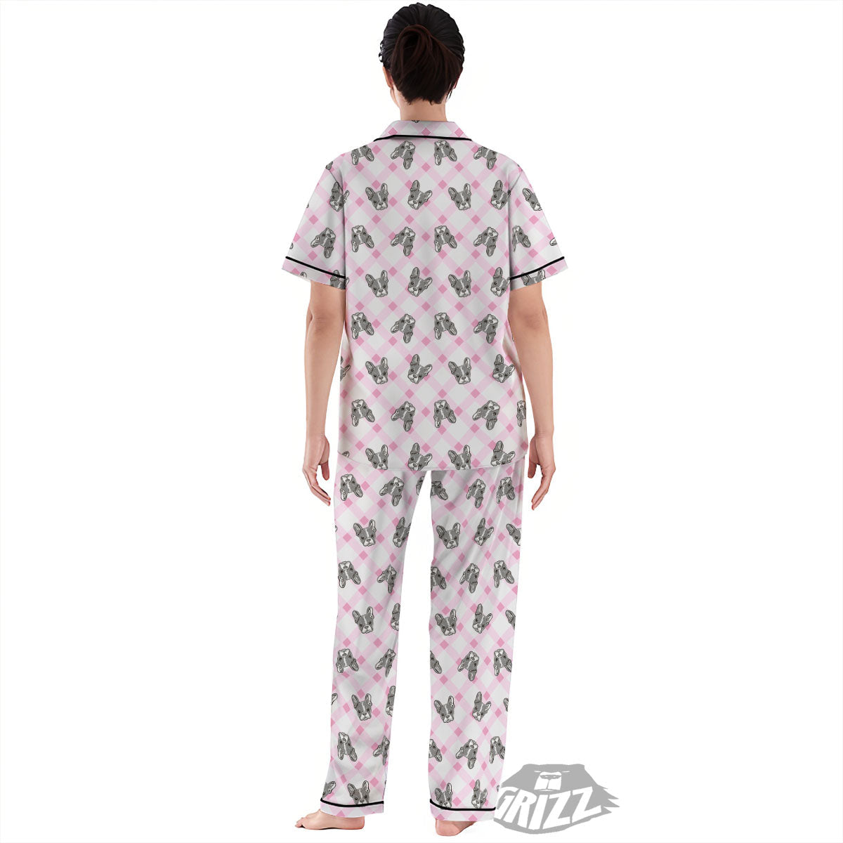 Boston Terrier Pink Plaid Print Pattern Women's Pajamas Set-grizzshop