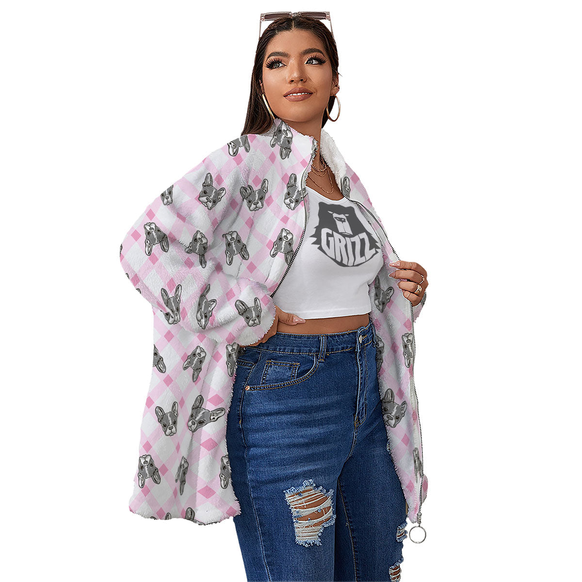 Boston Terrier Pink Plaid Print Pattern Women's Sherpa Jacket-grizzshop