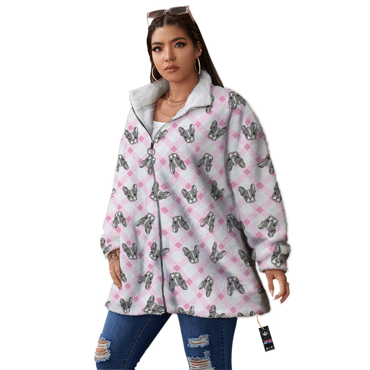 Boston Terrier Pink Plaid Print Pattern Women's Sherpa Jacket-grizzshop