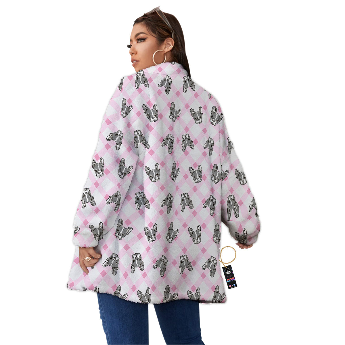 Boston Terrier Pink Plaid Print Pattern Women's Sherpa Jacket-grizzshop