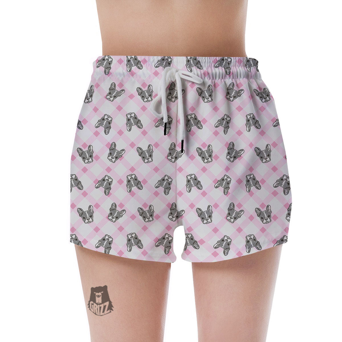 Boston Terrier Pink Plaid Print Pattern Women's Shorts-grizzshop