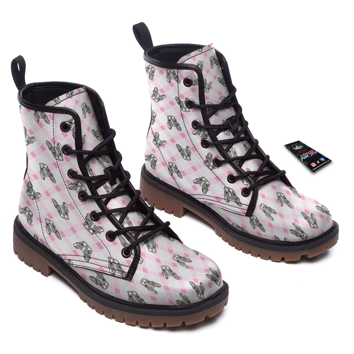 Boston Terrier Pink Plaid Print Pattern Work Boots-grizzshop