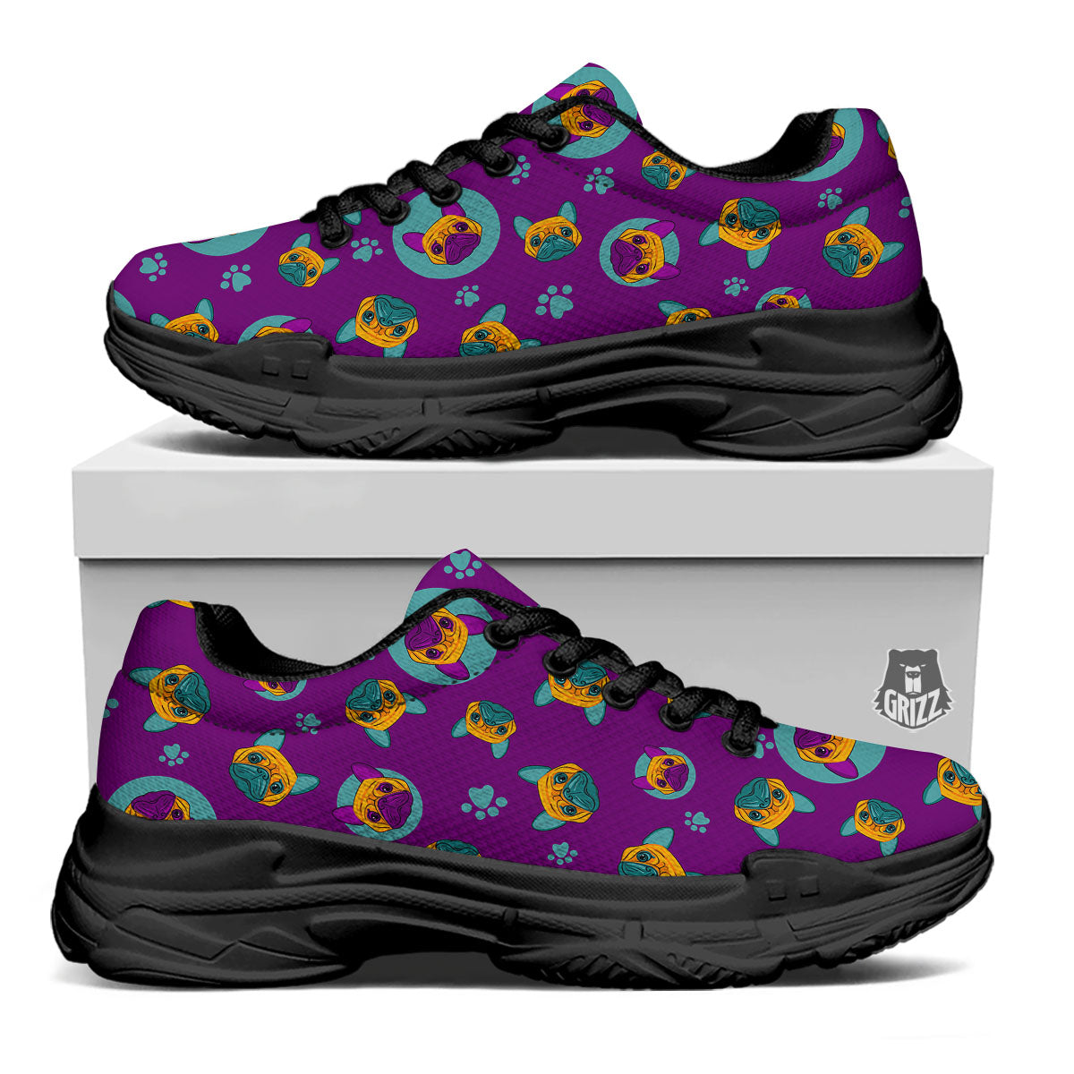 Boston Terrier Purple Print Pattern Black Chunky Shoes-grizzshop