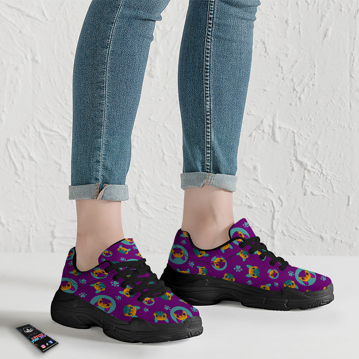 Boston Terrier Purple Print Pattern Black Chunky Shoes-grizzshop