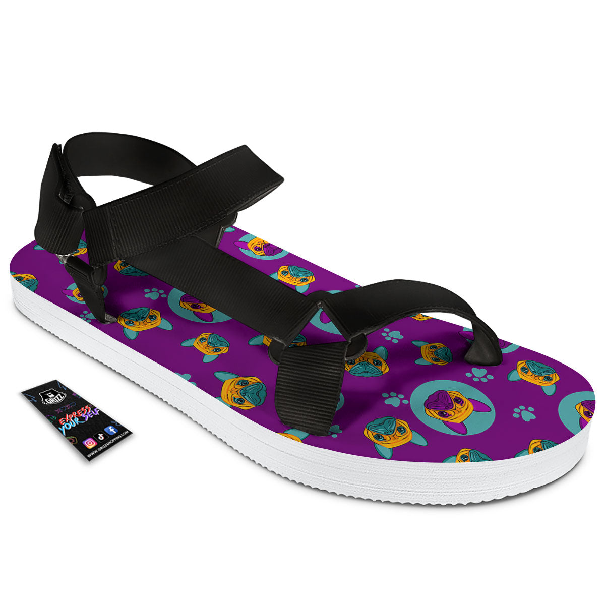 Boston Terrier Purple Print Pattern Black Open Toe Sandals-grizzshop