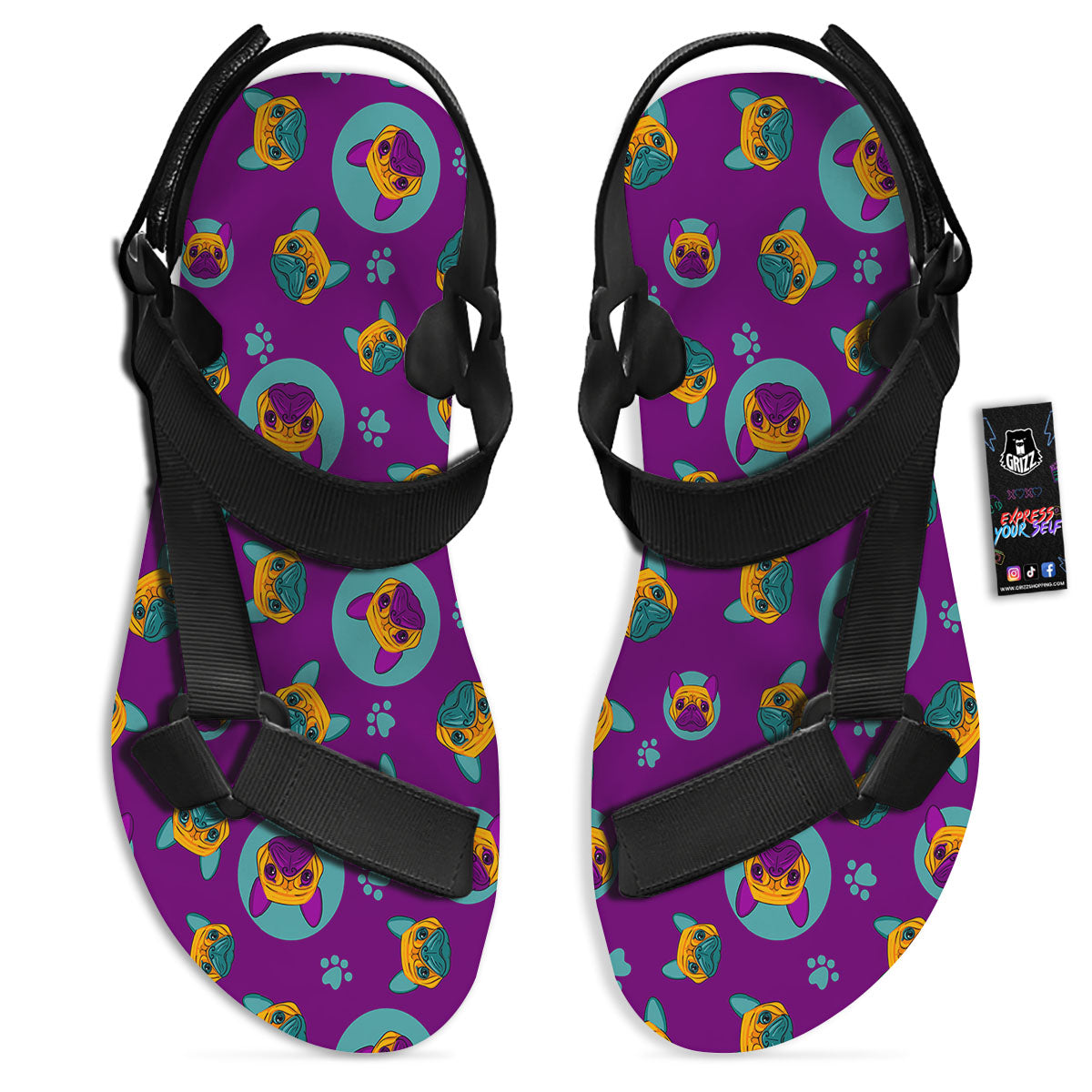 Boston Terrier Purple Print Pattern Black Open Toe Sandals-grizzshop