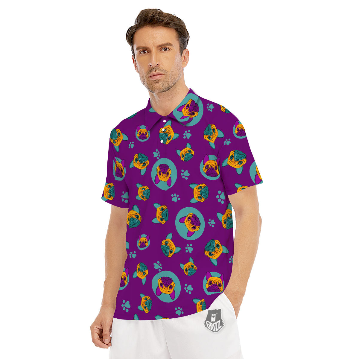 Boston Terrier Purple Print Pattern Men's Golf Shirts-grizzshop