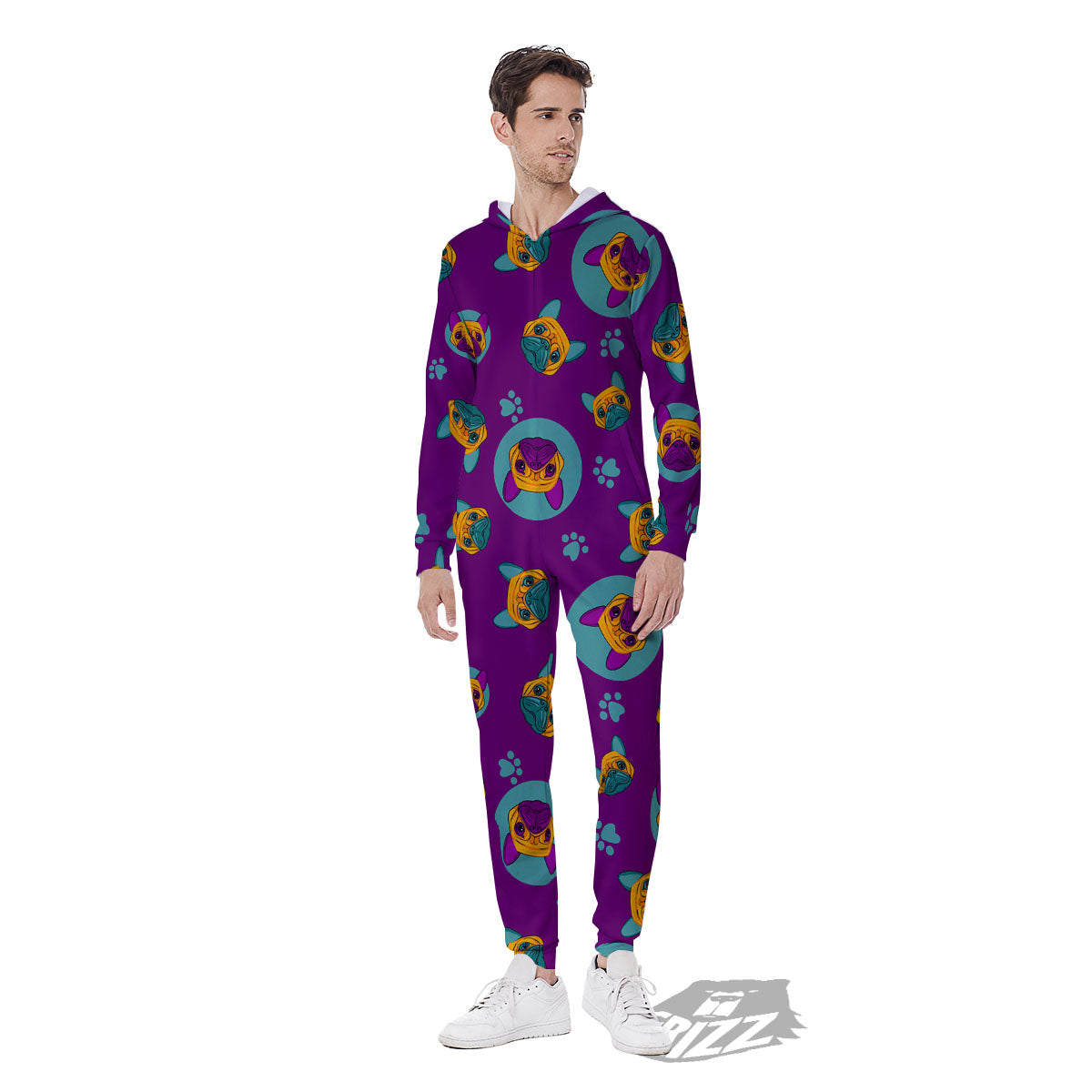 Boston Terrier Purple Print Pattern Men's Jumpsuit-grizzshop