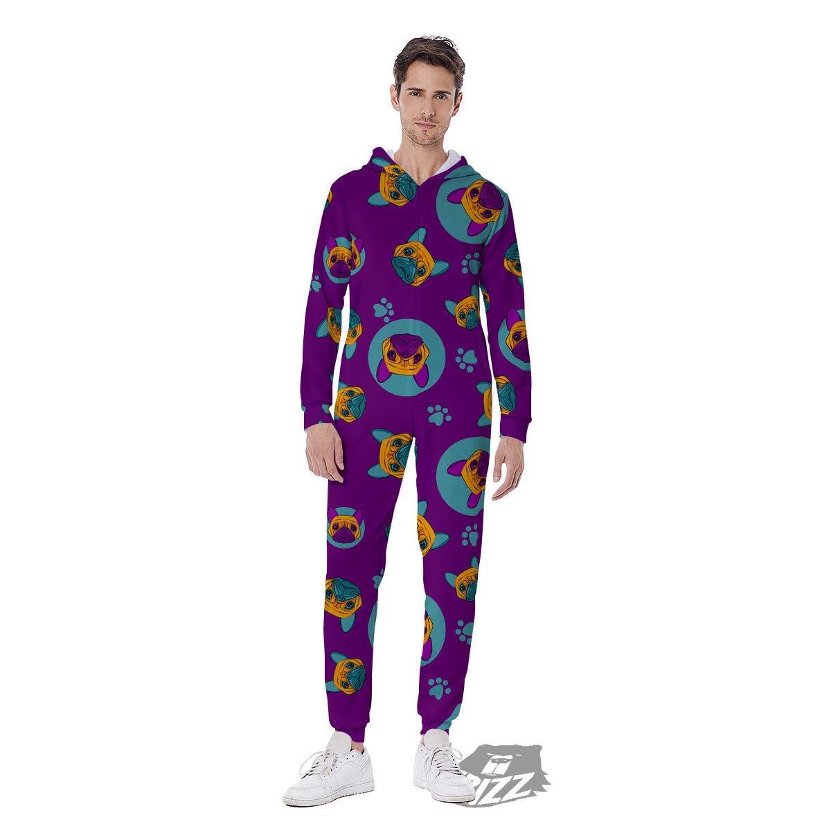Boston Terrier Purple Print Pattern Men's Jumpsuit-grizzshop