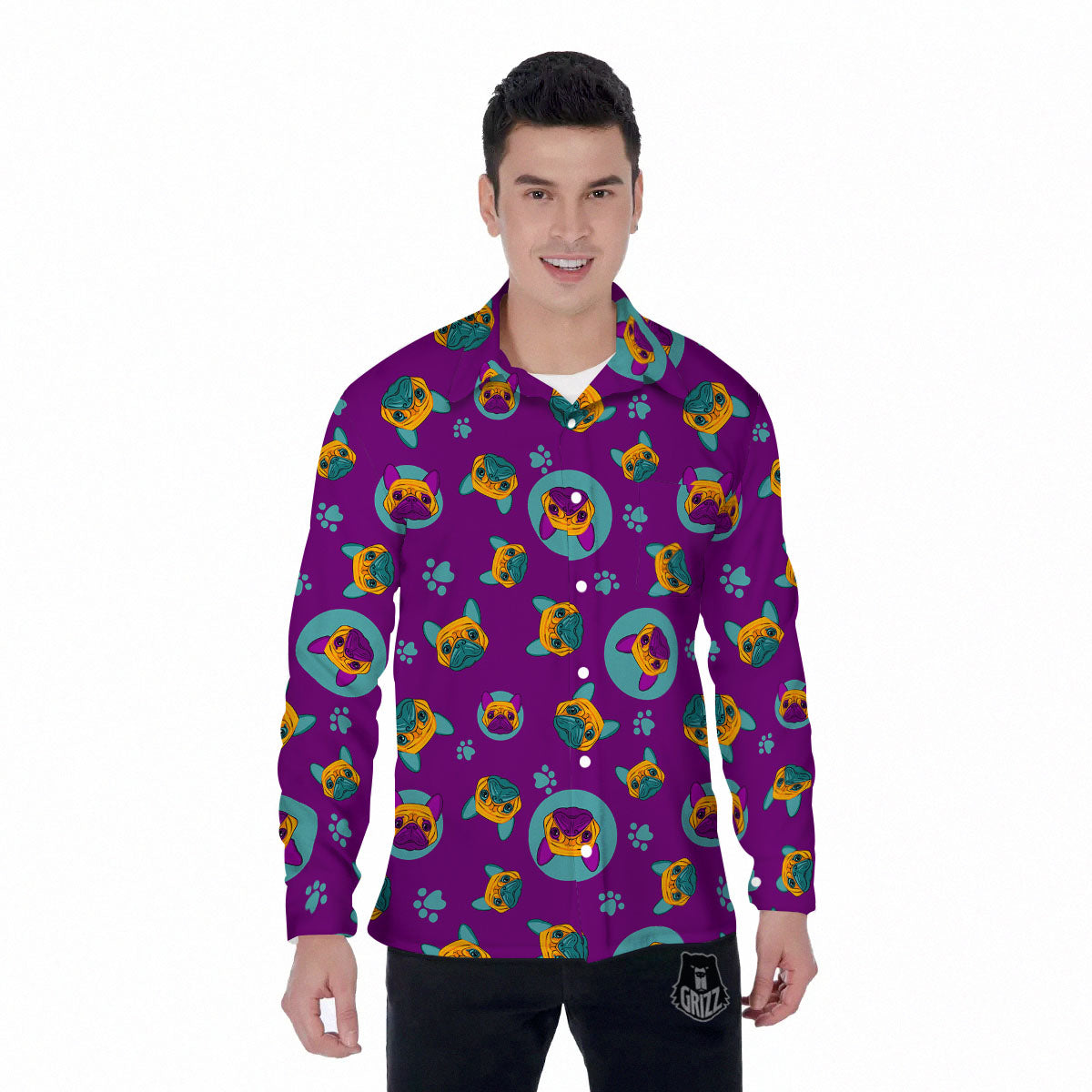 Boston Terrier Purple Print Pattern Men's Long Sleeve Shirts-grizzshop